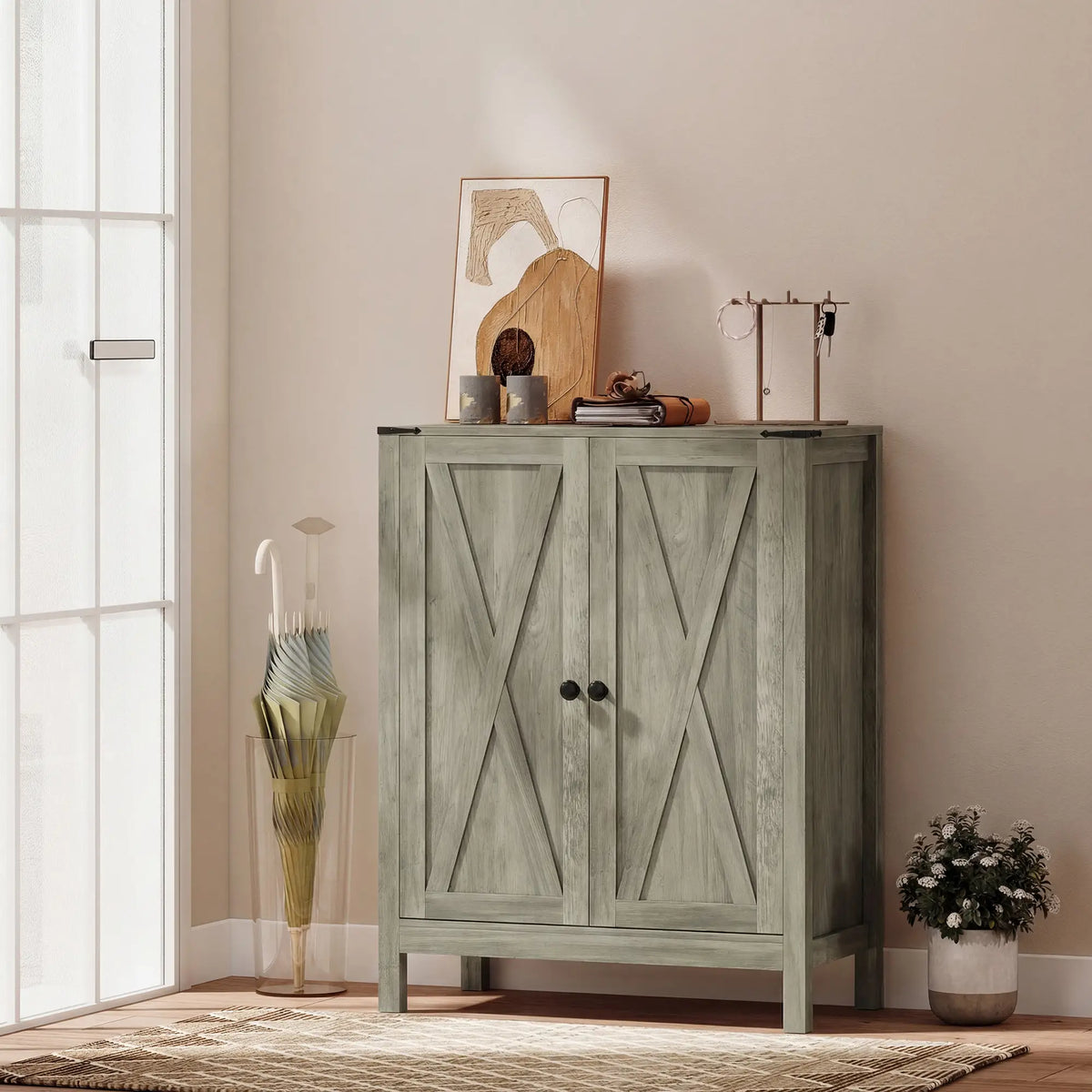 Shoe Cabinet With Barn Doors, Adjustable Shelves, Holds 15 Pairs, Grey