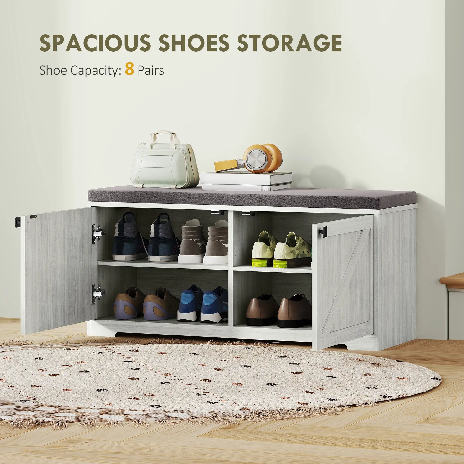 Shoe Storage Bench, Padded Seat, Holds 352 lb, 8 Pairs, Light Grey Shoe Storage Cabinets & Racks at Gallery Canada