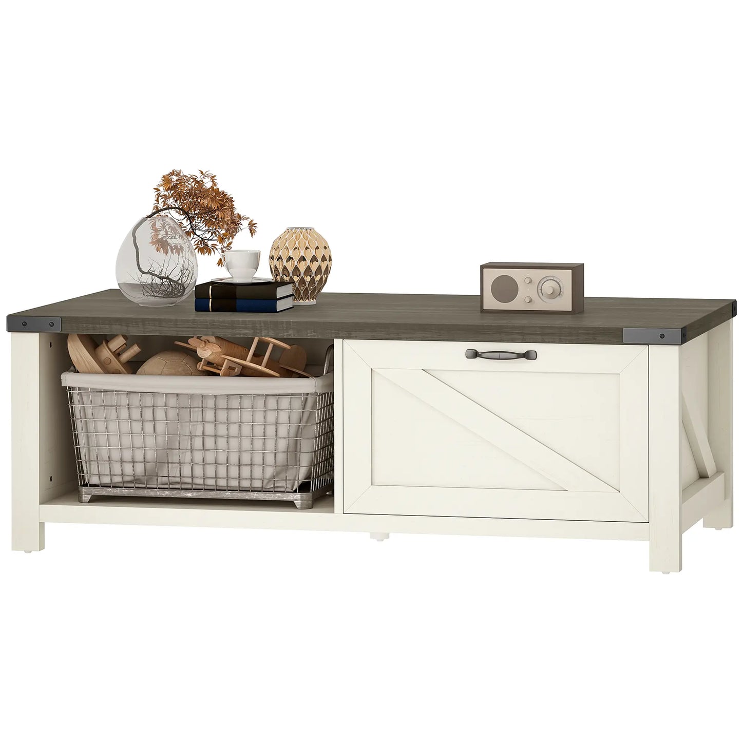 Farmhouse Coffee Table with Drawer, Open Shelf, Distressed White Coffee Tables Distressed Grey, Distressed White at Gallery Canada