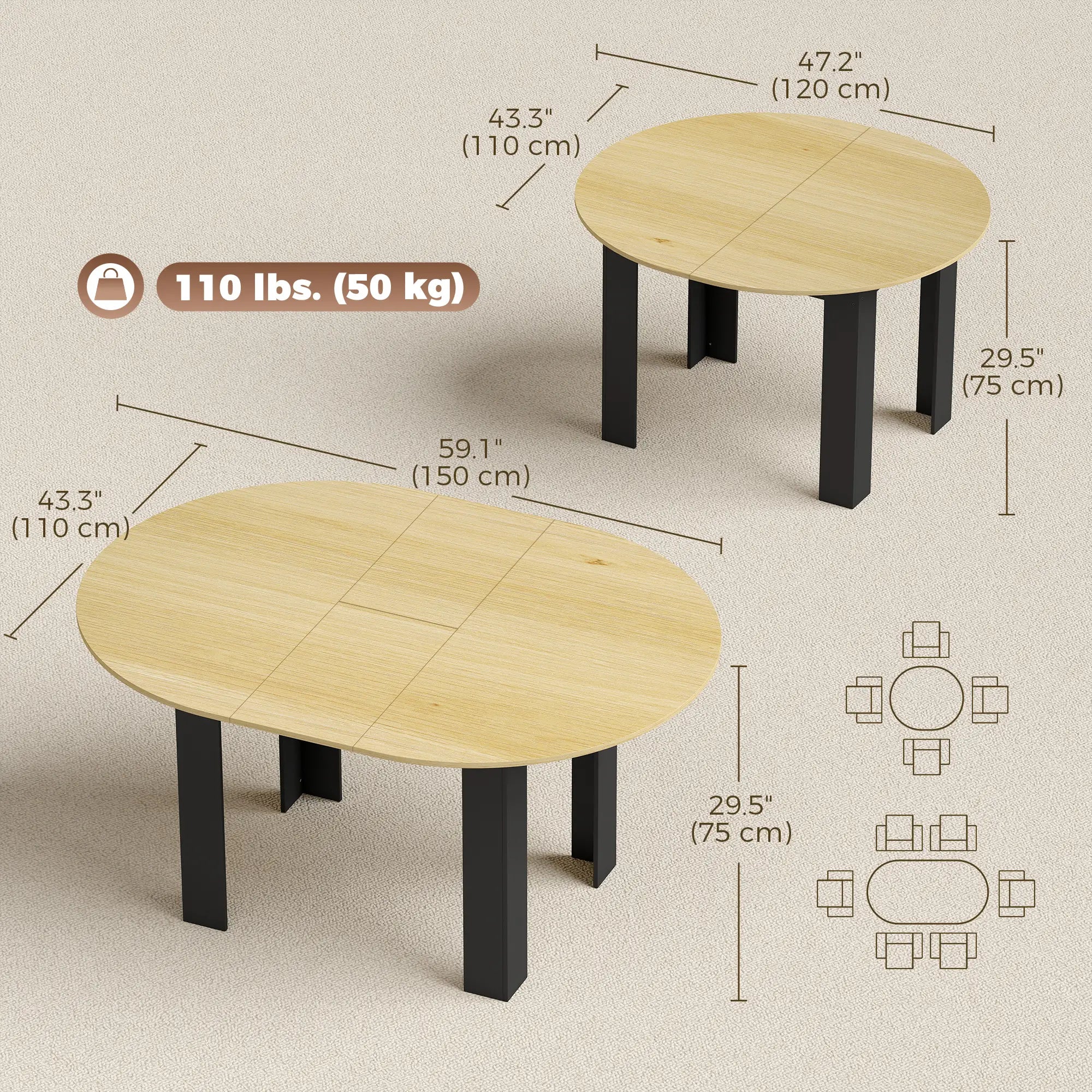 Extendable Round to Oval Dining Table, Oak Black, Black Dining Tables at Gallery Canada