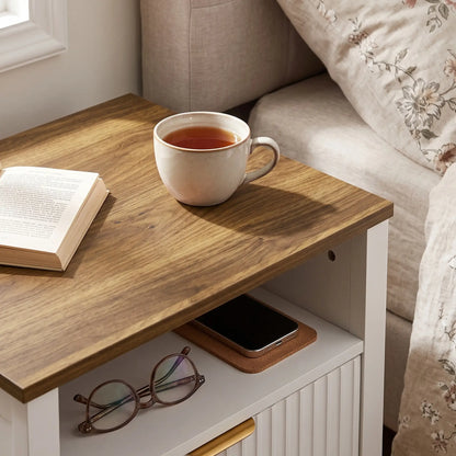 Nightstand With 2 Fluted Drawers, Open Shelf, Anti-Tipping, White Walnut, White Walnut