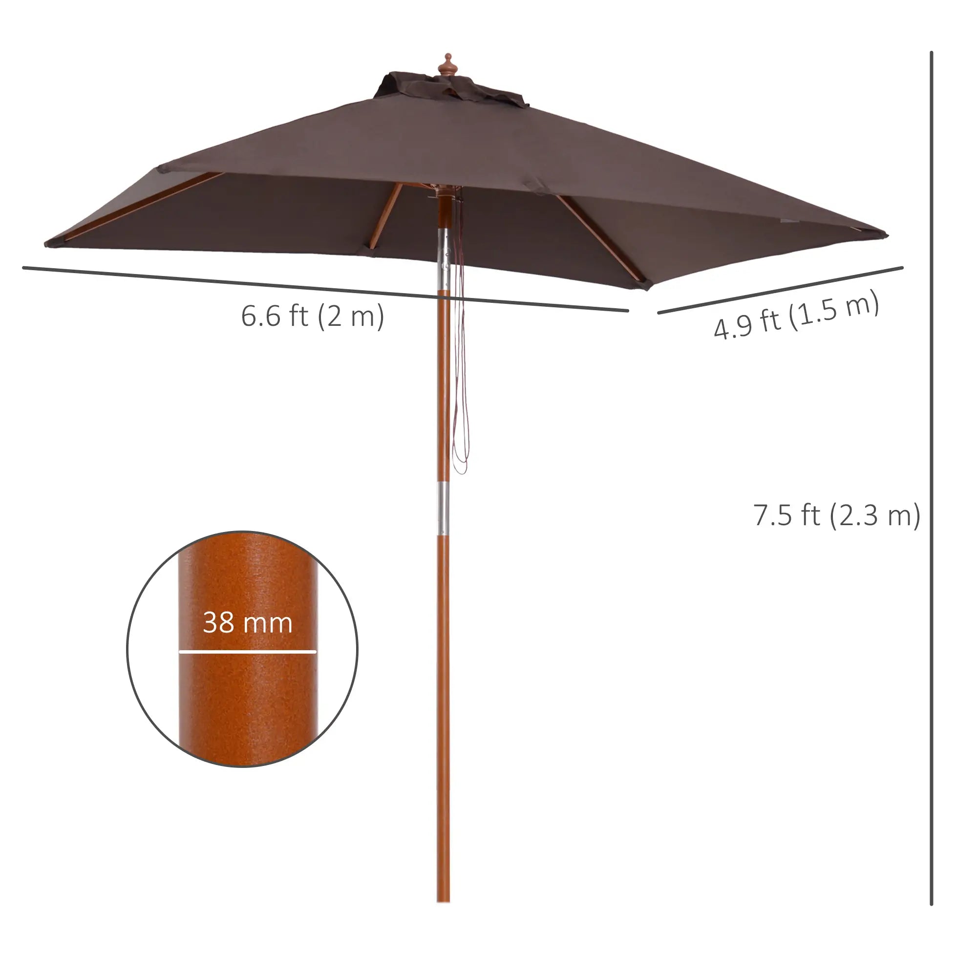 6.6x5ft Square Market Parasol, Wooden Patio Umbrella, Tilt Mechanism, 6 Bamboo Ribs Sun Umbrellas at Gallery Canada