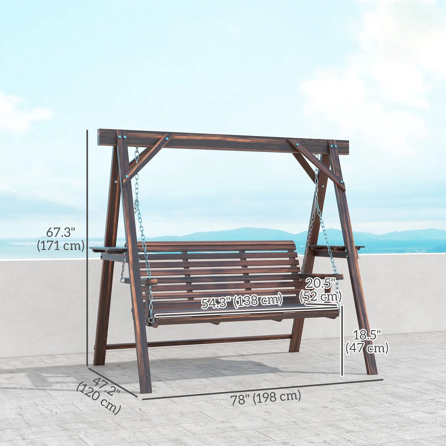 3 Seat Wooden Porch Swing With Stand, Carbonized Brown Patio Swings with Stand at Gallery Canada