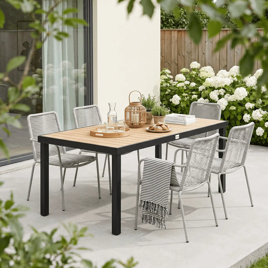 75" X 35" Outdoor Dining Table, Aluminum Frame, Faux Wood, Natural Patio Dinning Tables Natural Wood Colour, Black at Gallery Canada