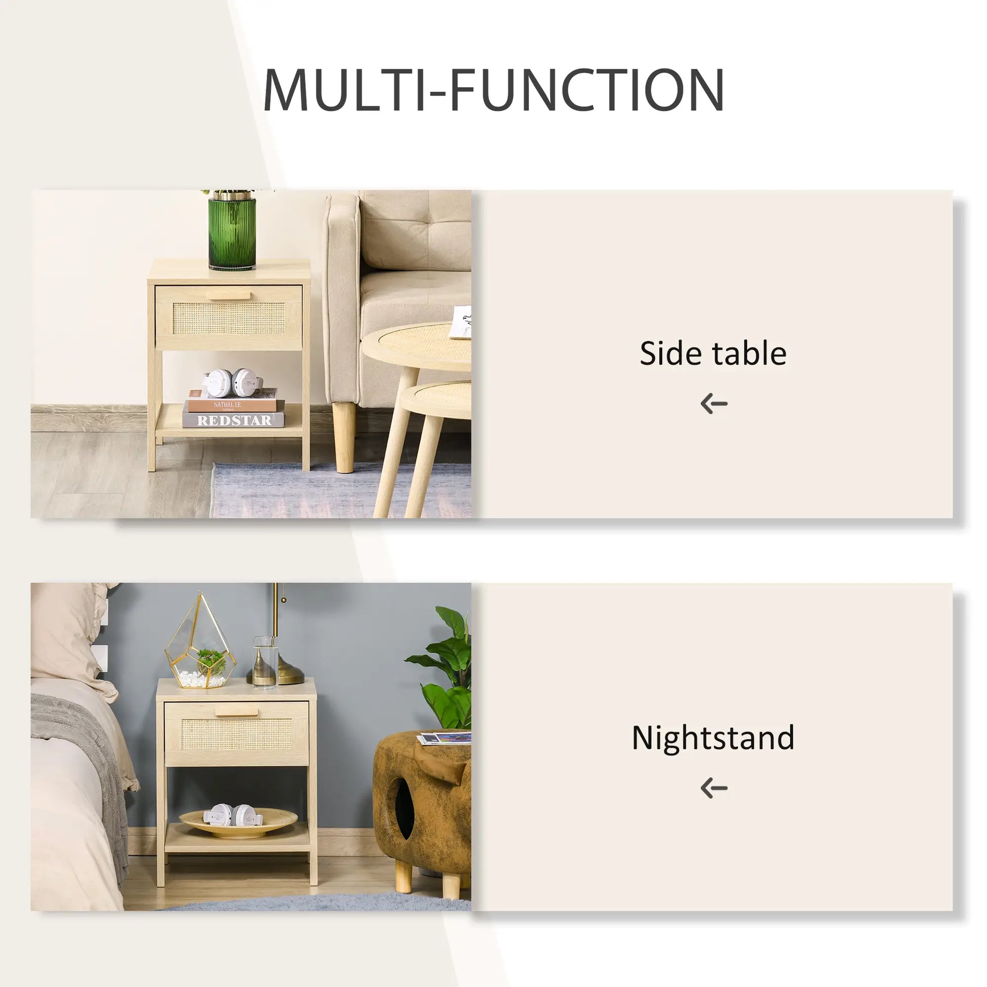 Narrow Nightstand with Rattan, Drawer, Storage Shelf, Natural Bedside Tables at Gallery Canada