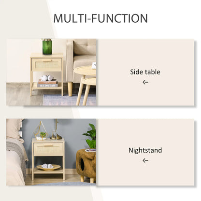 Narrow Nightstand with Rattan, Drawer, Storage Shelf, Natural Bedside Tables at Gallery Canada