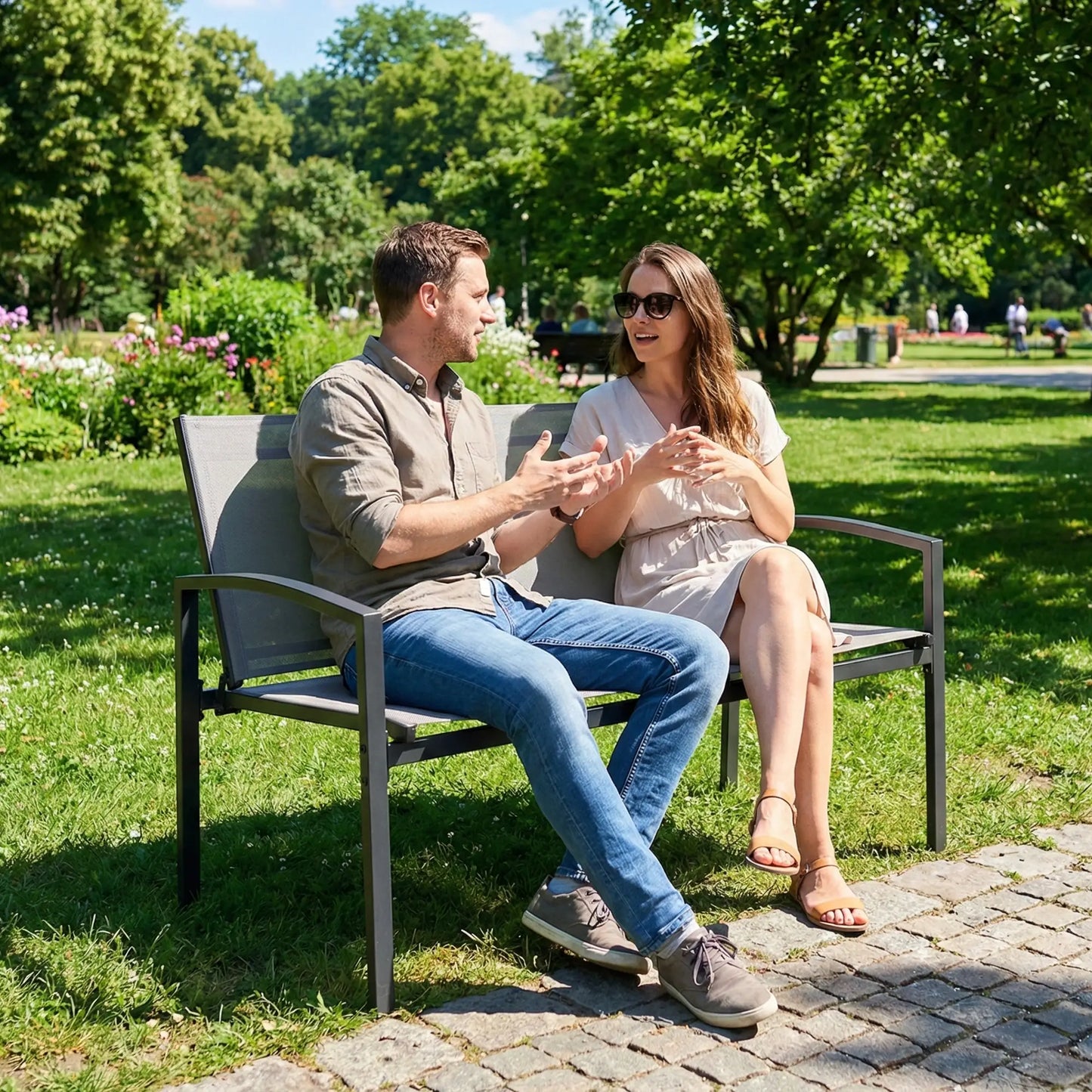 Metal Garden Bench, 44 in, Breathable Mesh Fabric, 484 lb Capacity, Grey Outdoor Benches at Gallery Canada