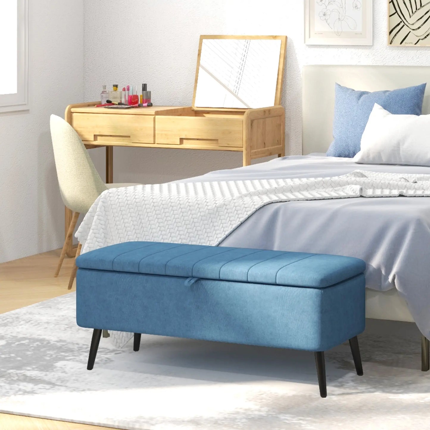 40" Ottoman with Storage, Linen Upholstered Bench, Dark Blue Storage Ottomans & Benches at Gallery Canada