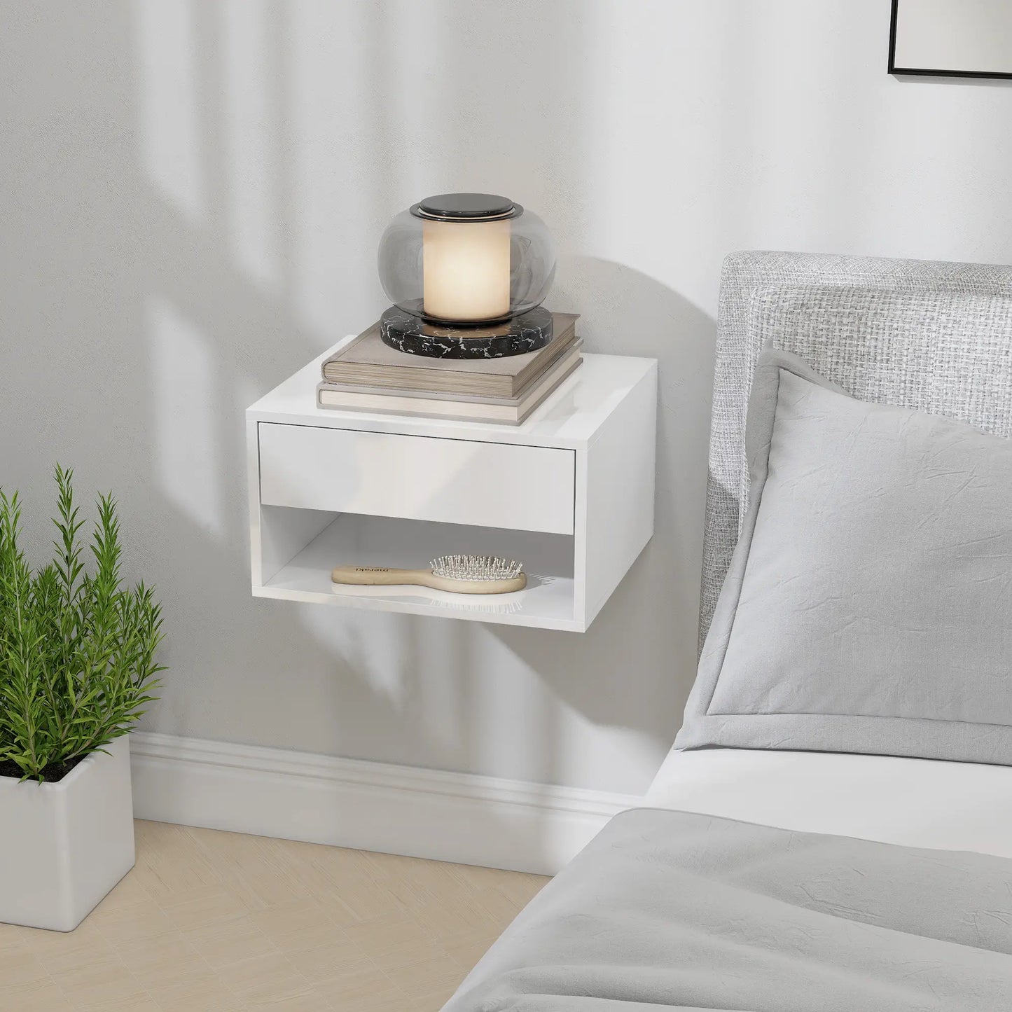 Floating Bedside Tables, Set of 2, Wall-Mounted Nightstand, High Gloss White, White Bedside Tables at Gallery Canada