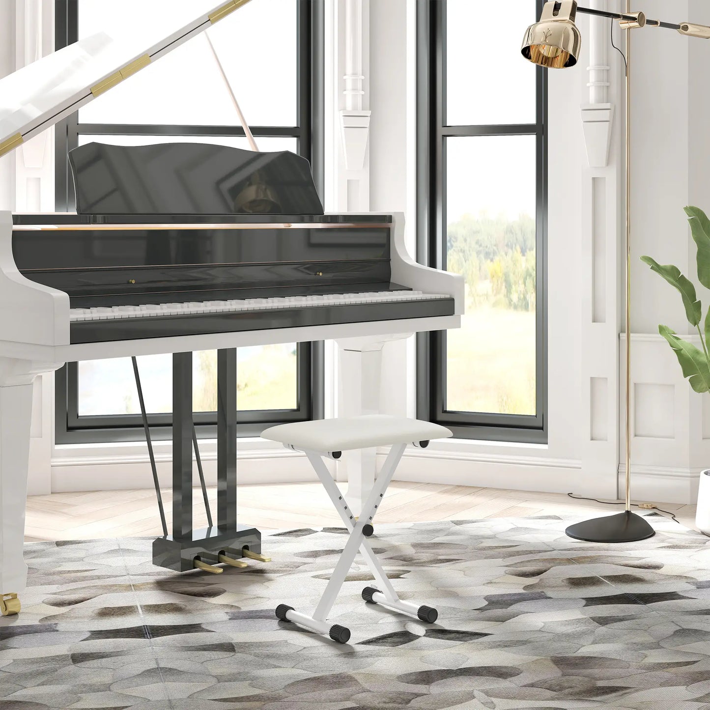 Adjustable Piano Bench, X-Style Folding Piano Stool with Padded Seat, Non-Slip Rubber Feet, Keyboard Chair, White