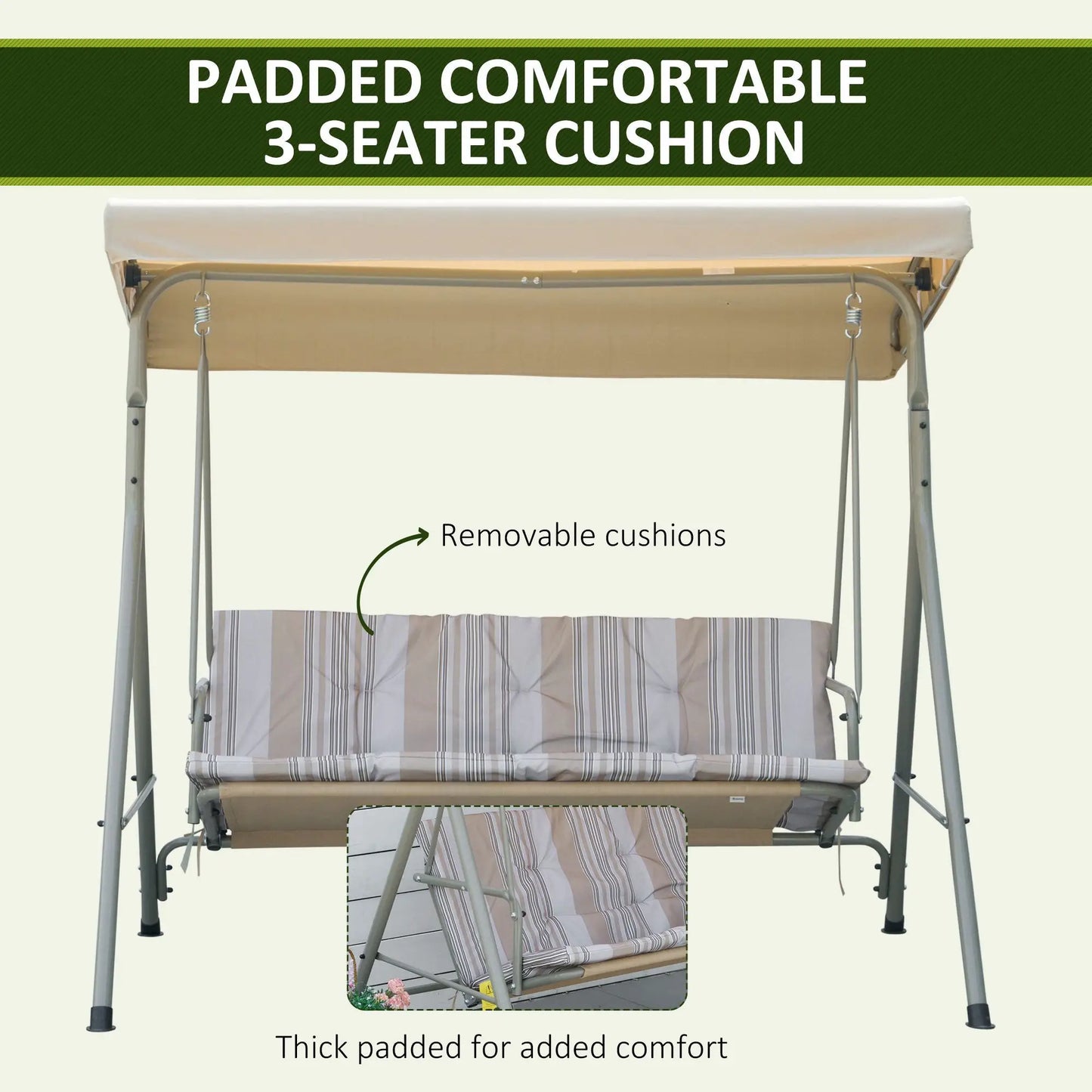 3-Seat Patio Swing Chair, Adjustable Canopy, Light Brown Patio Swings with Stand at Gallery Canada