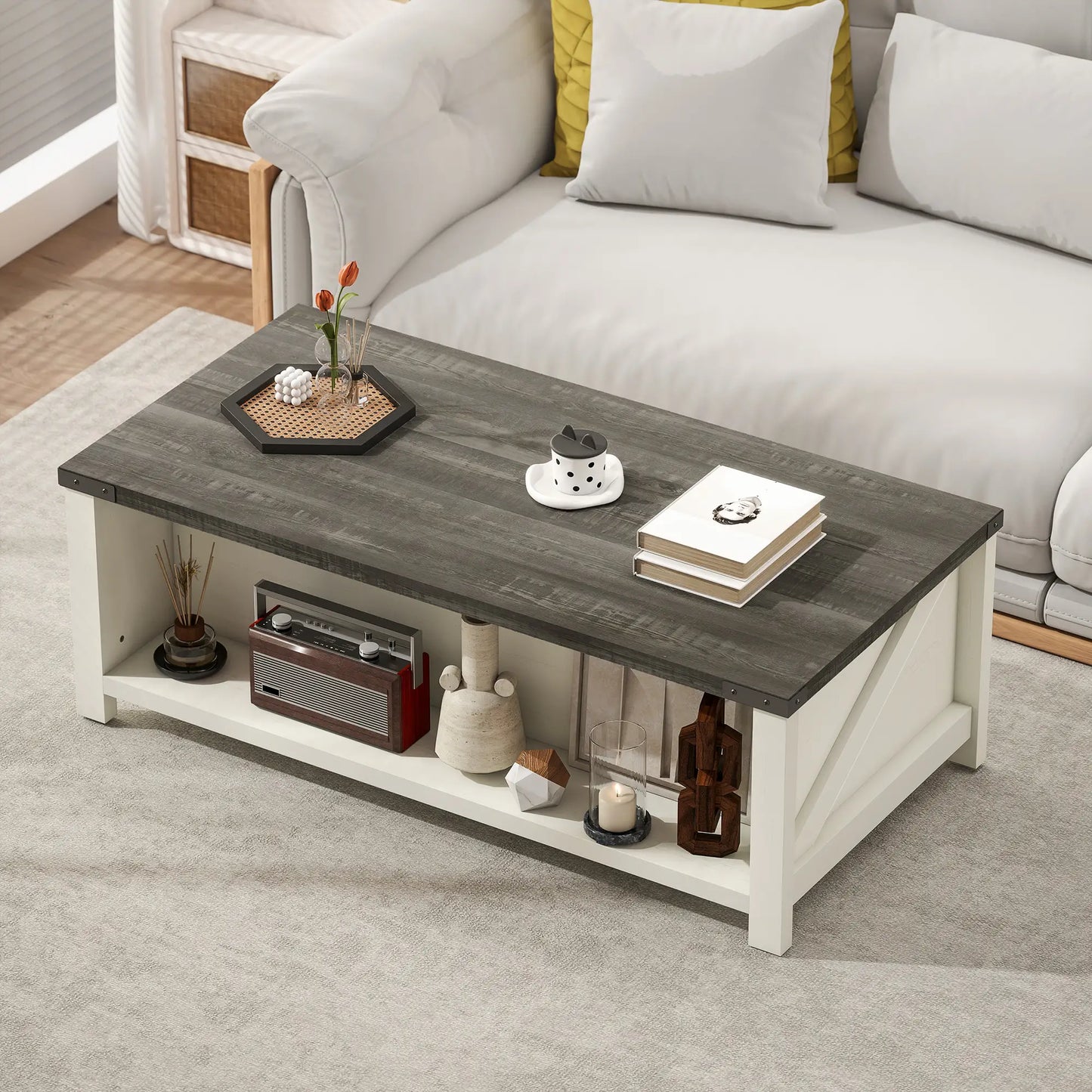 Farmhouse Coffee Table with Drawer, Open Shelf, Distressed White Coffee Tables at Gallery Canada