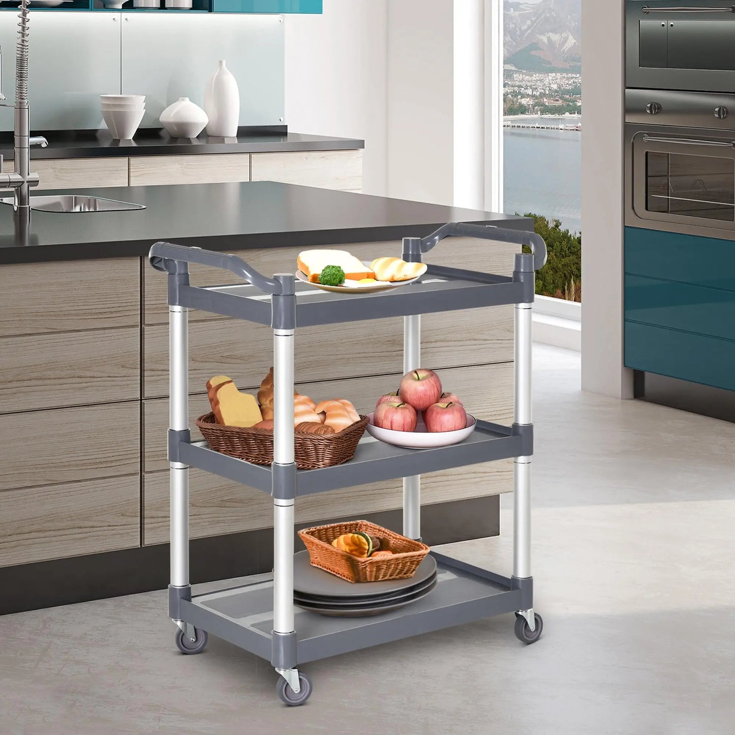 3-Tier Utility Cart, 3 Shelves, Rolling Storage Trolley, Silver Grey Kitchen Islands & Kitchen Carts at Gallery Canada