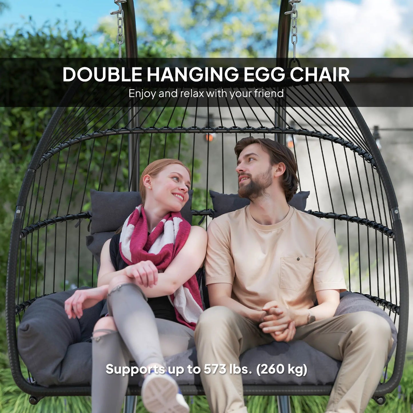 Double Wicker Egg Swing Chair, Foldable with Stand, UV Resistant Cushion, Headrest, Dark Grey Patio Swings with Stand at Gallery Canada