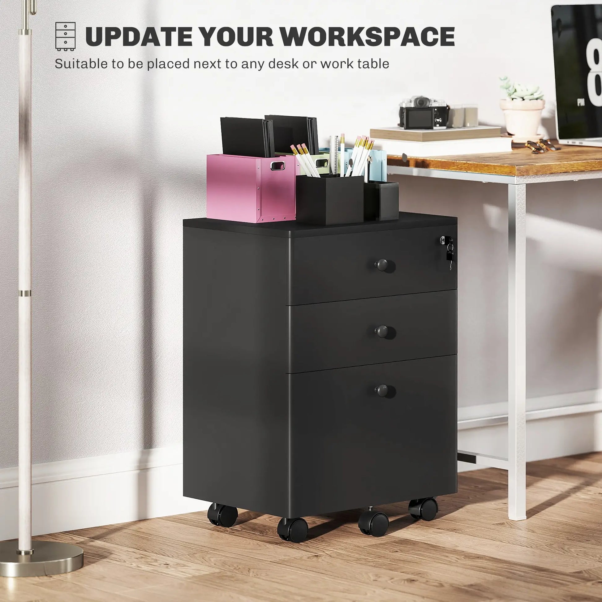 3-Drawer Small Filing Cabinet with Lock, Vertical Office Storage, Black Office Cabinets & Cupboards at Gallery Canada