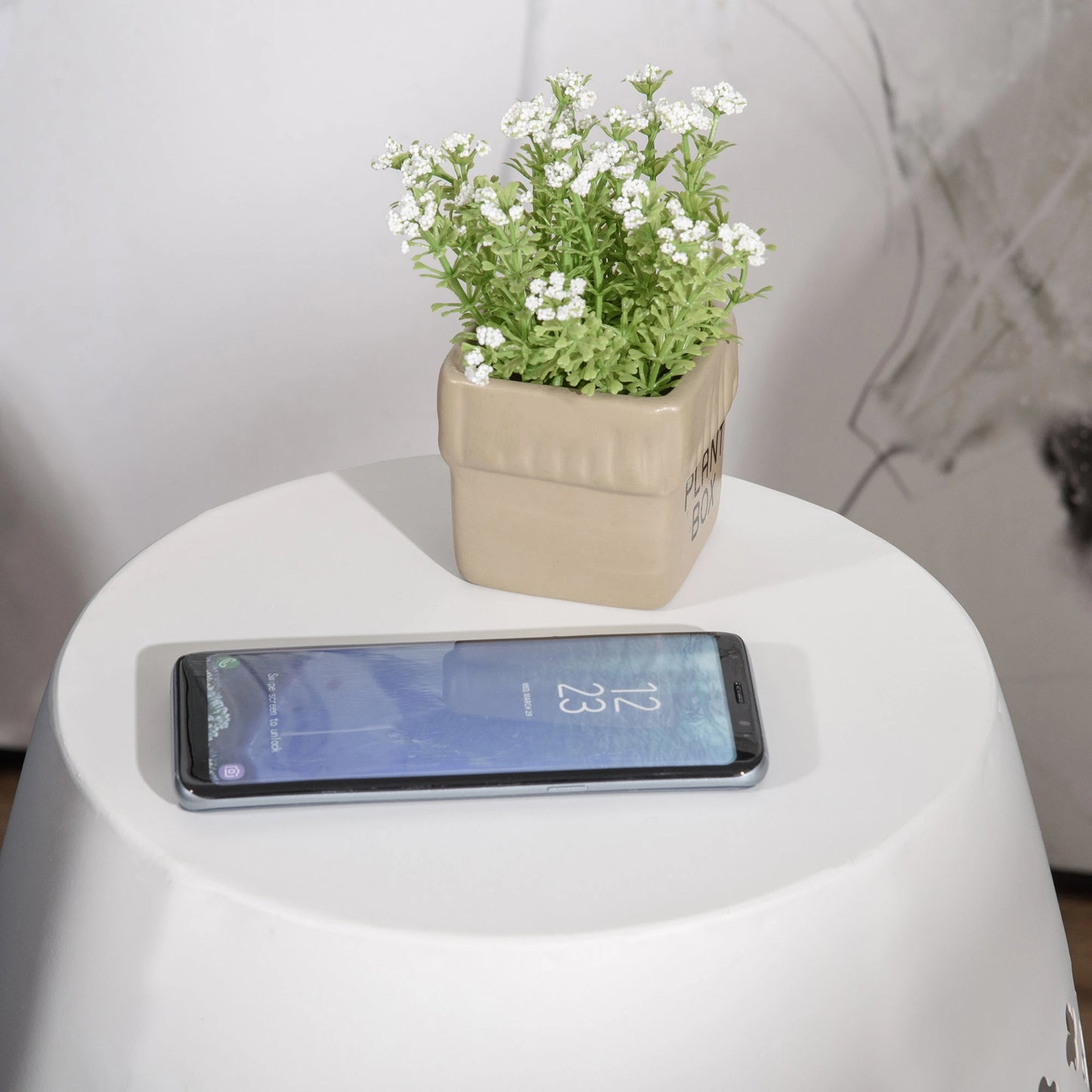 12.5" Steel Round Patio End Table, Hollow Drum Side Table, White Patio Side Tables at Gallery Canada