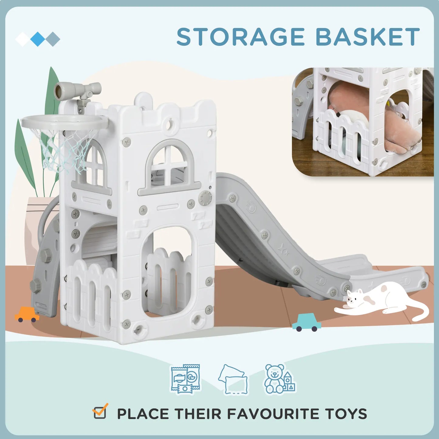 Toddler Slide, Basketball Hoop, Climber, Telescope, Storage Basket, 1-3 Years, Grey Gym Sets & Swings at Gallery Canada