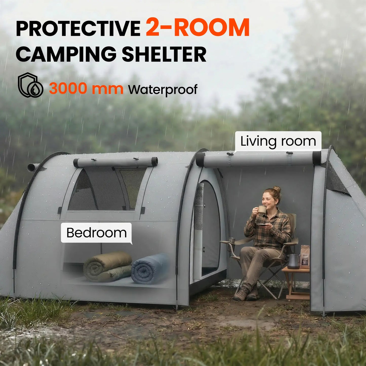 3-4 Person 2 Room Camping Tent 3000mm Waterproof, Grey Camping Tents at Gallery Canada
