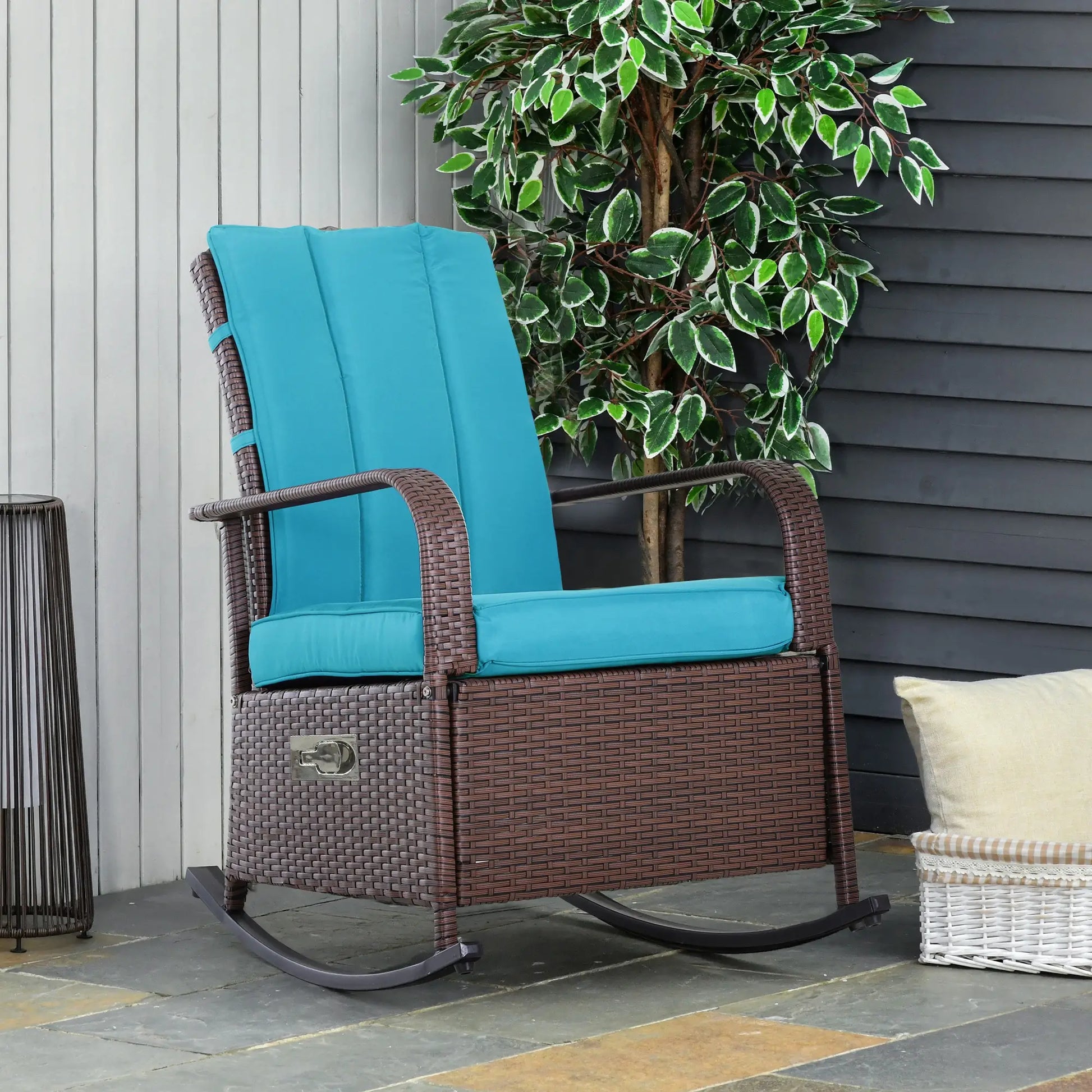 Outdoor Wicker Rocking Chair, PE Rattan Recliner with Cushion, Adjustable Footrest, Turquoise Outdoor Rocking Chairs at Gallery Canada