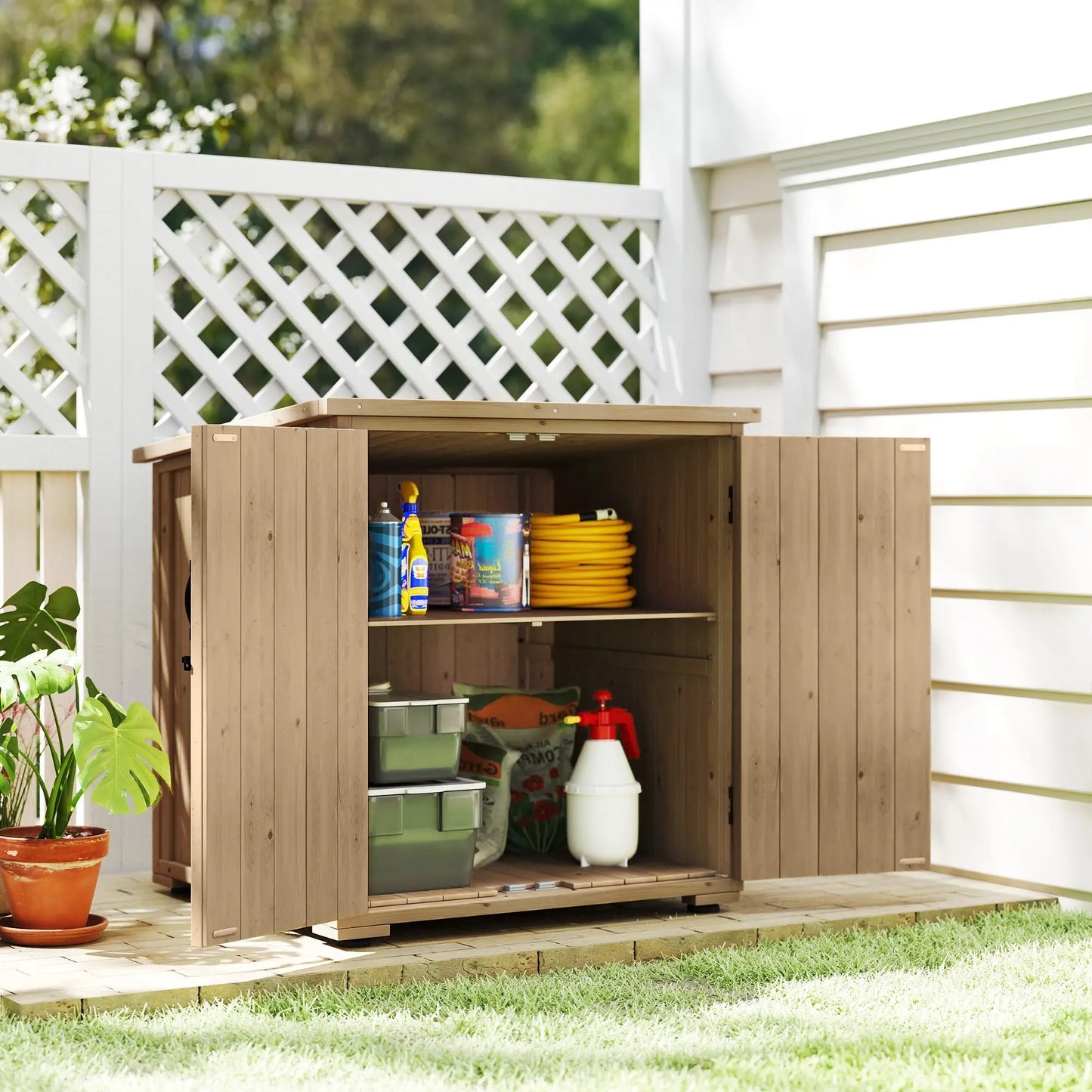 Wooden Outdoor Storage Cabinet, Garden Shed With Shelf, Double Doors, Natural Sheds at Gallery Canada