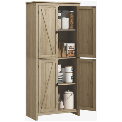72" Freestanding Storage Cabinet, Kitchen Pantry with Doors, Shelves, Natural