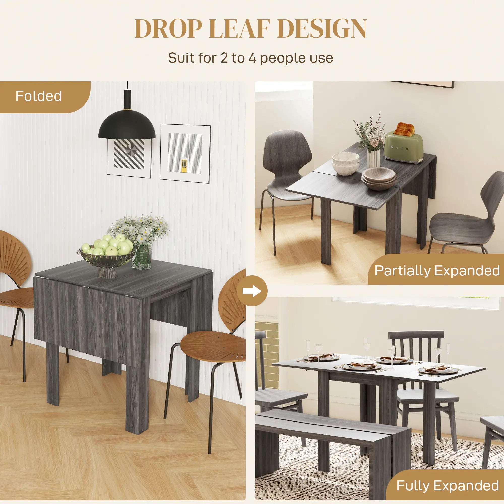 Folding Extendable Dining Table, Drop Leaf, for 2-4 People, Grey Bar Tables & Dining Tables at Gallery Canada