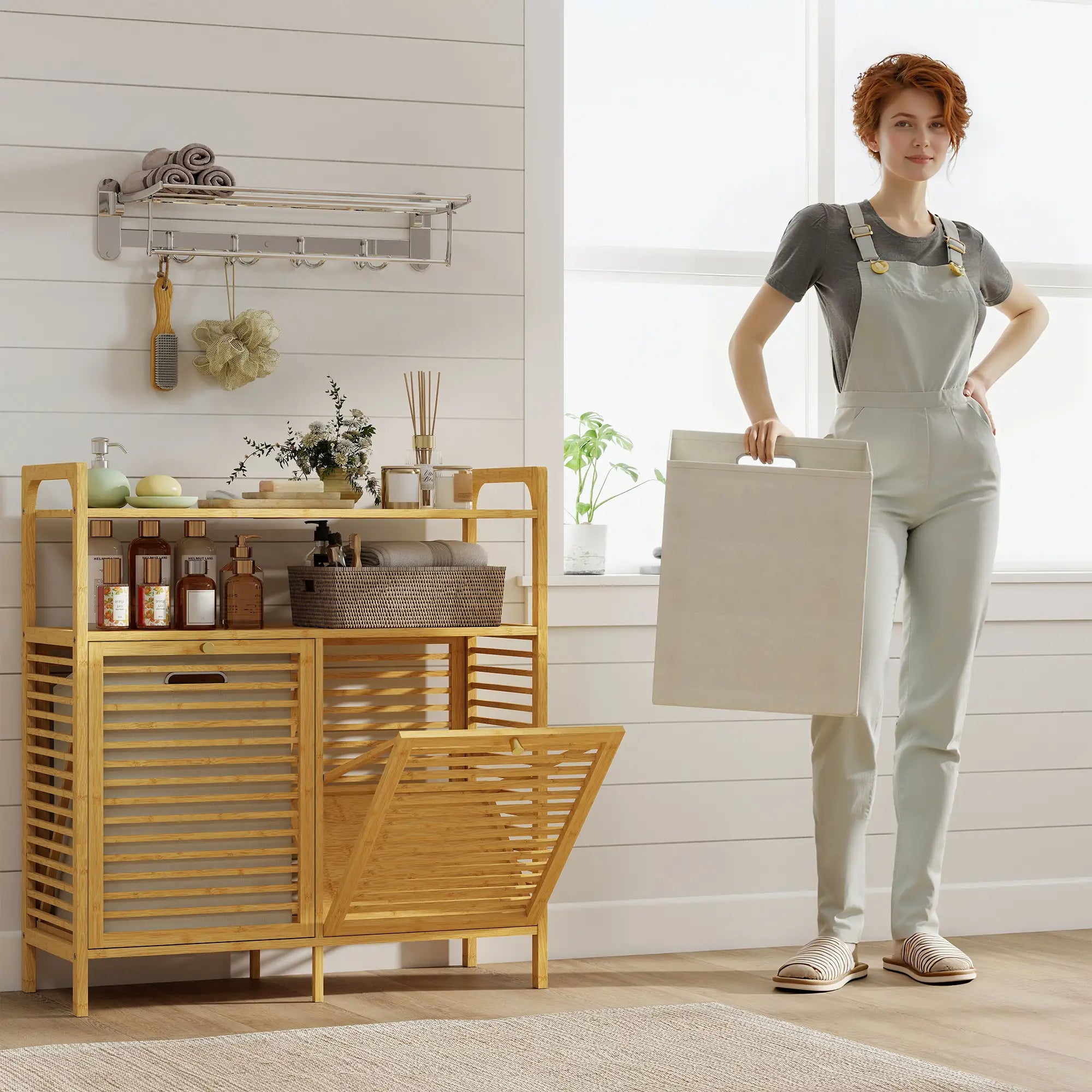 Tilt Out Laundry Hamper, Bamboo Cabinet with 2 Baskets, 2 Shelves, Natural Bathroom Cabinets at Gallery Canada