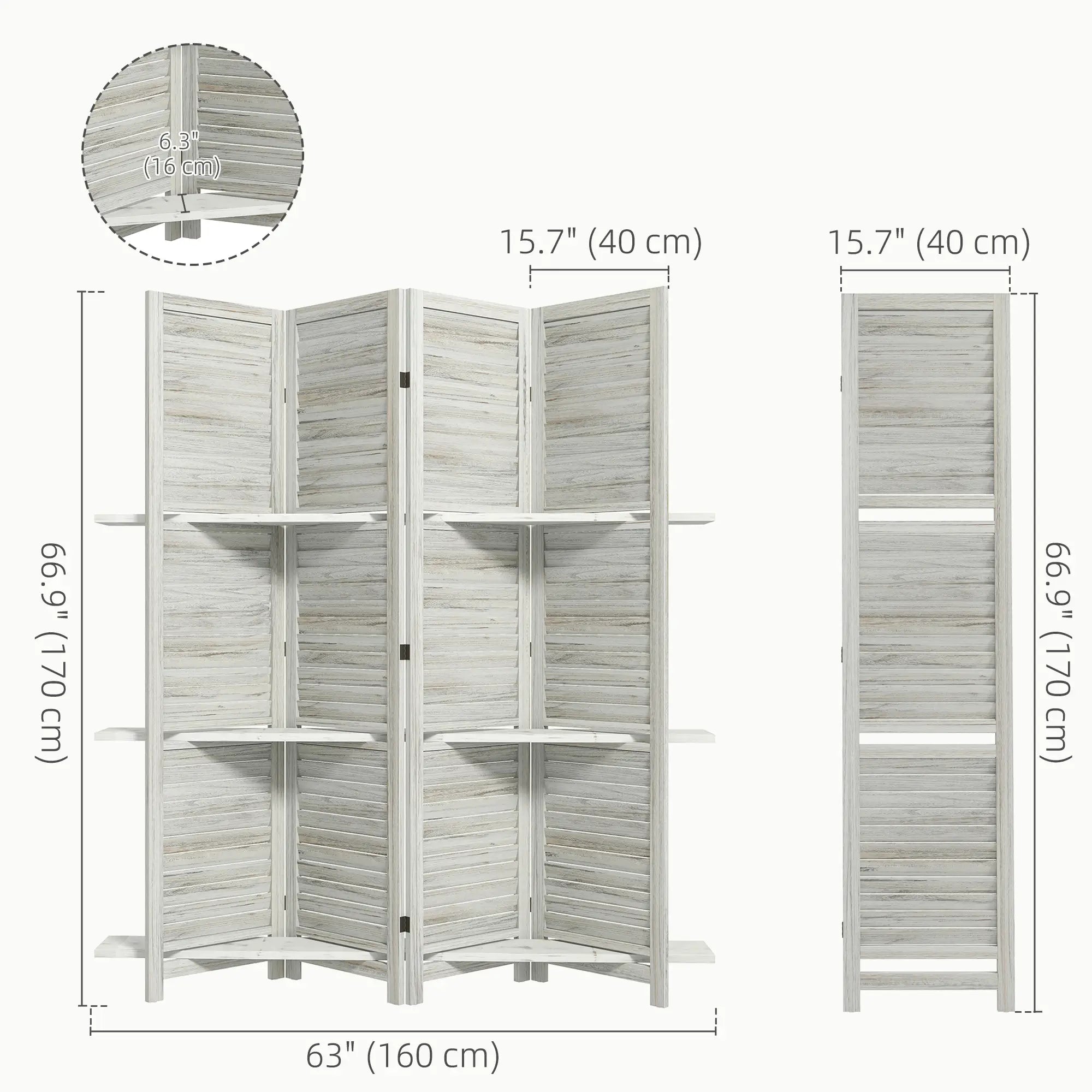 4-Panel Wall Partition, 3 Storage Shelves, Foldable, Wooden Frame, 5.6FT, Distressed White, White Room Dividers at Gallery Canada