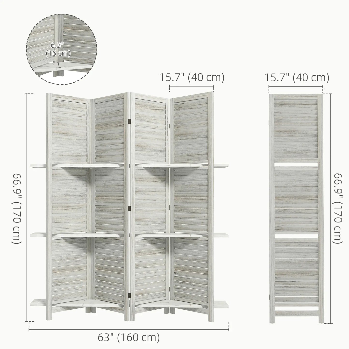 4-Panel Wall Partition, 3 Storage Shelves, Foldable, Wooden Frame, 5.6FT, Distressed White, White Room Dividers at Gallery Canada