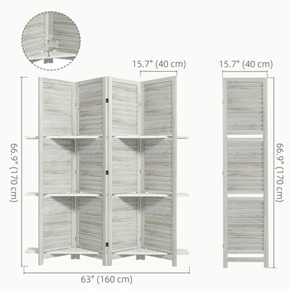 4-Panel Wall Partition, 3 Storage Shelves, Foldable, Wooden Frame, 5.6FT, Distressed White, White Room Dividers at Gallery Canada