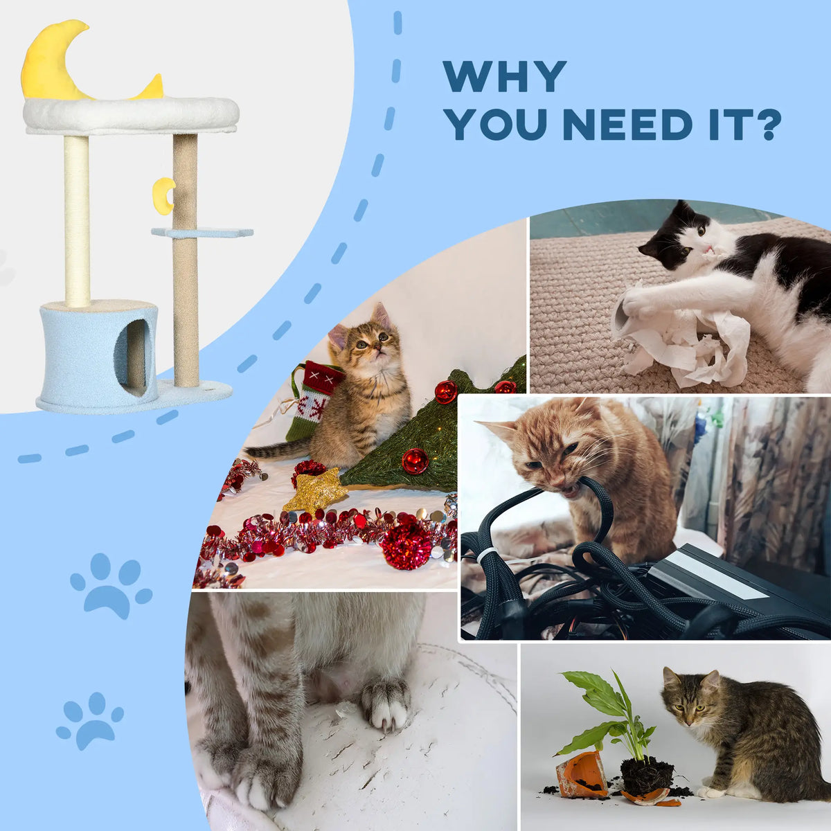 Moon Cat Tower, Teddy Fleece House Bed, Scratching Post, Hanging Toy, Star Platform 41", Blue Cat Towers at Gallery Canada