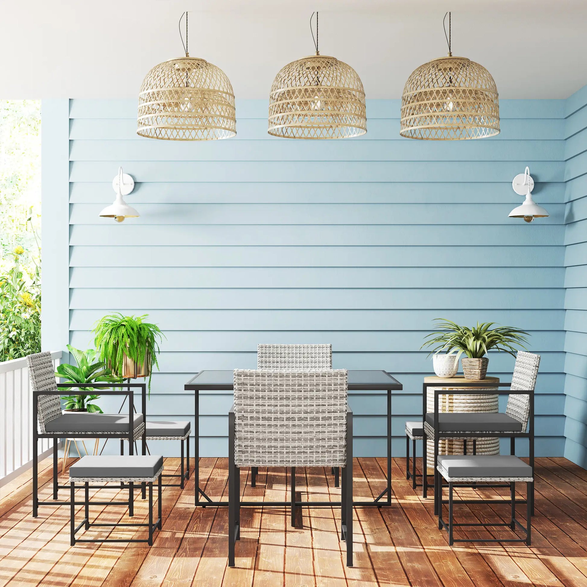 9-Piece Wicker Patio Dining Set, 4 Armchairs, 4 Stools, Tempered Glass Top, Light Grey Outdoor Dining Sets at Gallery Canada