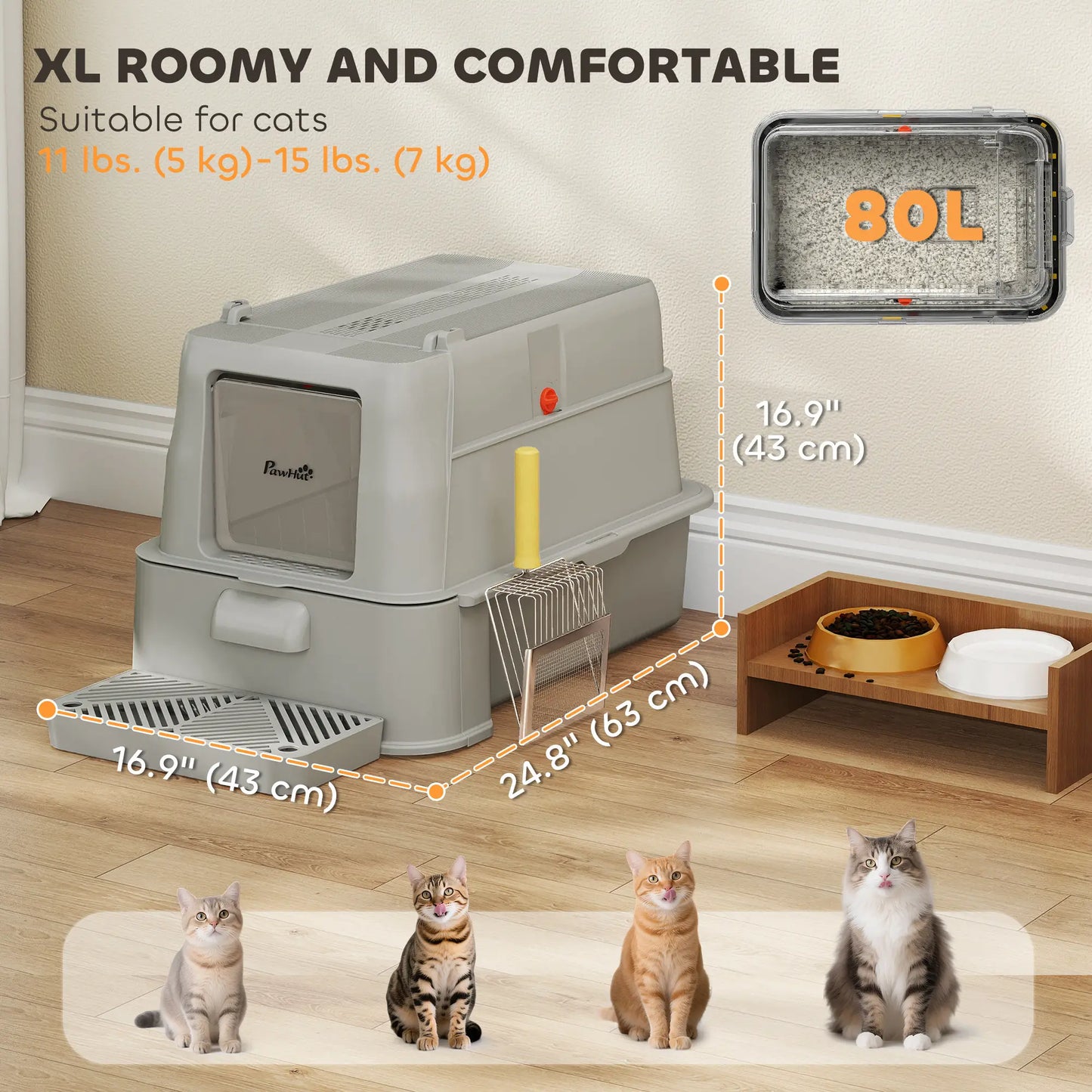 80L XL Stainless Steel Cat Litter Box, Flip Cover, Pull-Out Drawer, High Sided, Pedal, Light Grey Cat Litter Box Enclosures at Gallery Canada