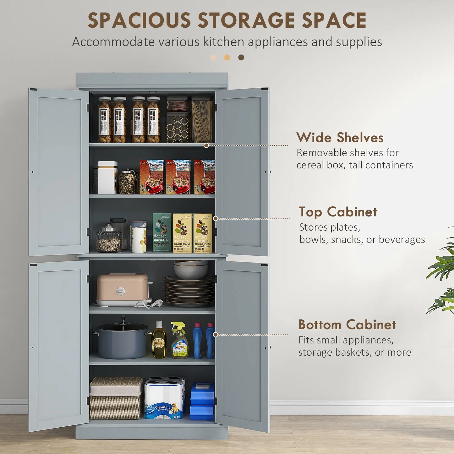 72.5" Freestanding Kitchen Pantry, 4 Doors, Grey Kitchen Pantry Cabinets at Gallery Canada