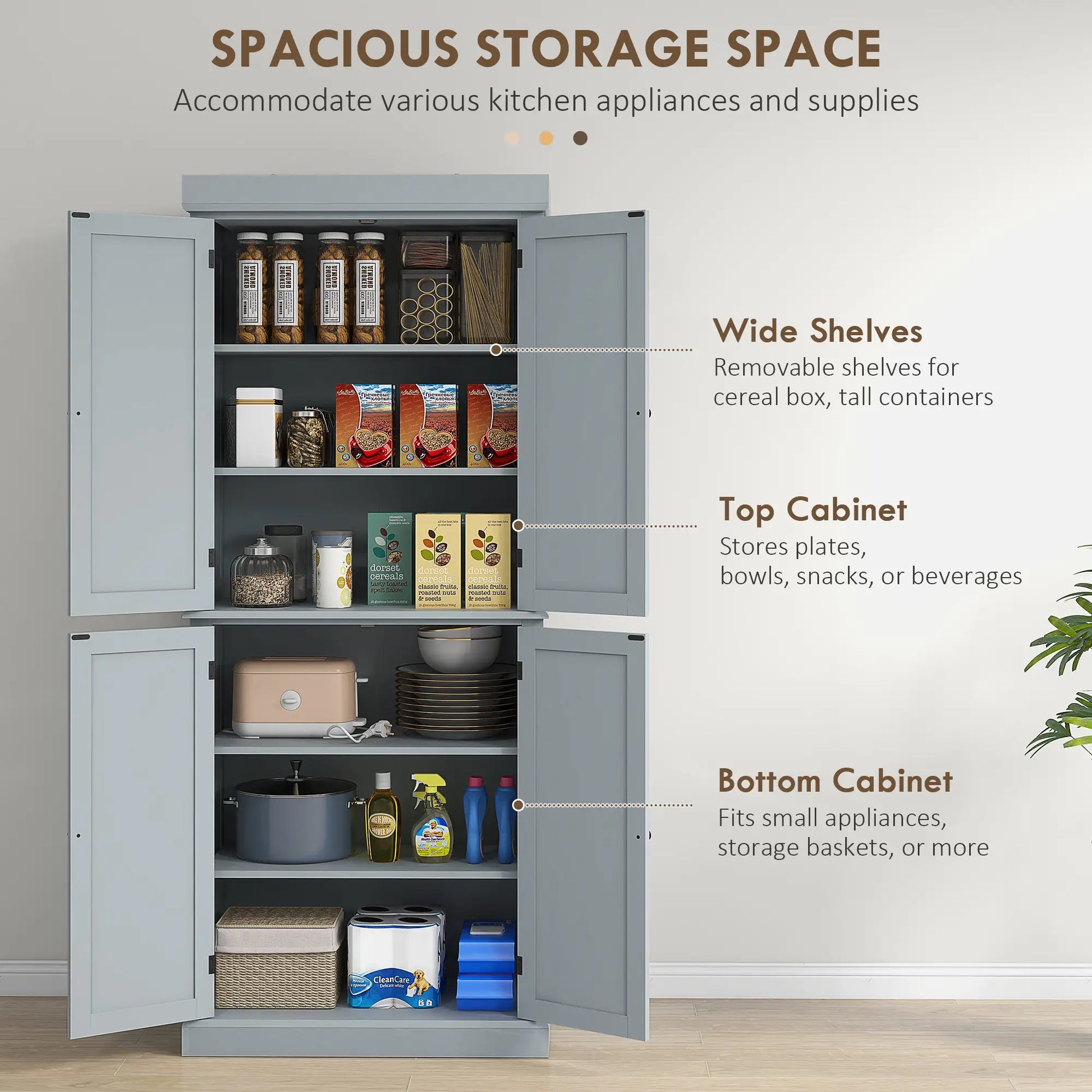 72.5" Freestanding Kitchen Pantry, 4 Doors, Grey Kitchen Pantry Cabinets at Gallery Canada