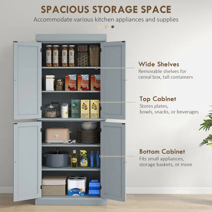 72.5" Freestanding Kitchen Pantry, 4 Doors, Grey Kitchen Pantry Cabinets at Gallery Canada