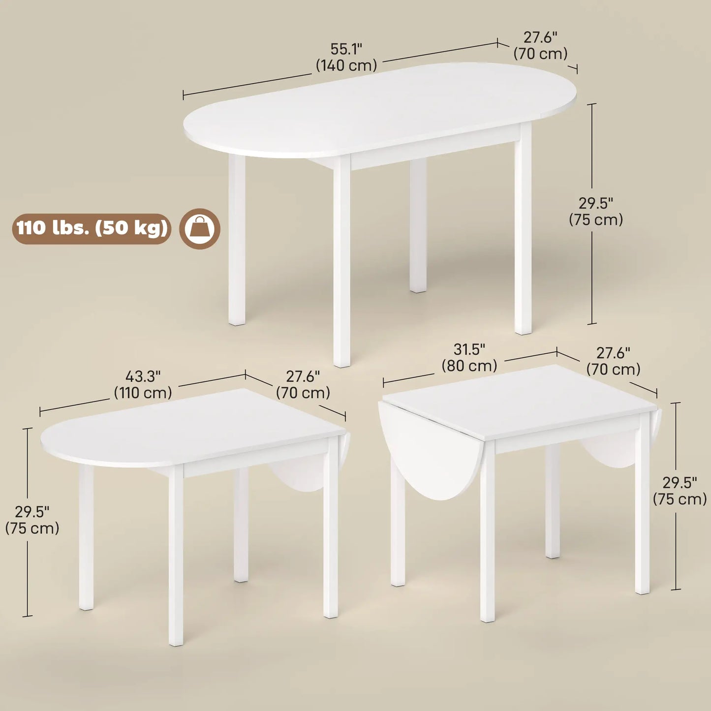 Solid Wood Kitchen Table, Drop Leaf, Folding Dining Table, White Dining Tables at Gallery Canada