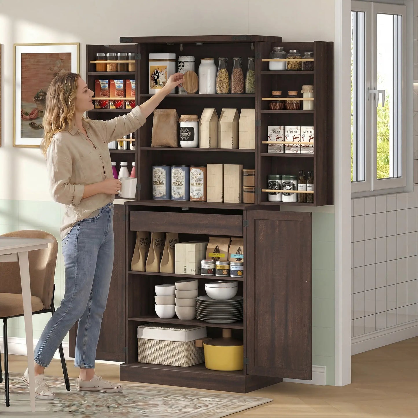 72" Tall Kitchen Pantry Cabinet, Farmhouse Storage Cabinet with 8 Door Racks and Adjustable Shelves, Distressed Brown