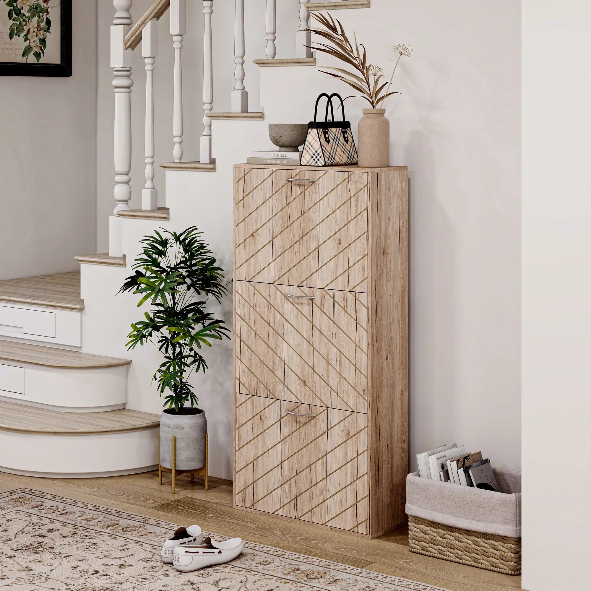 Shoe Storage Cabinet, 3 Flip Drawers, Narrow, 12 Pair Organizer, Nature Wood Shoe Storage Cabinets & Racks at Gallery Canada