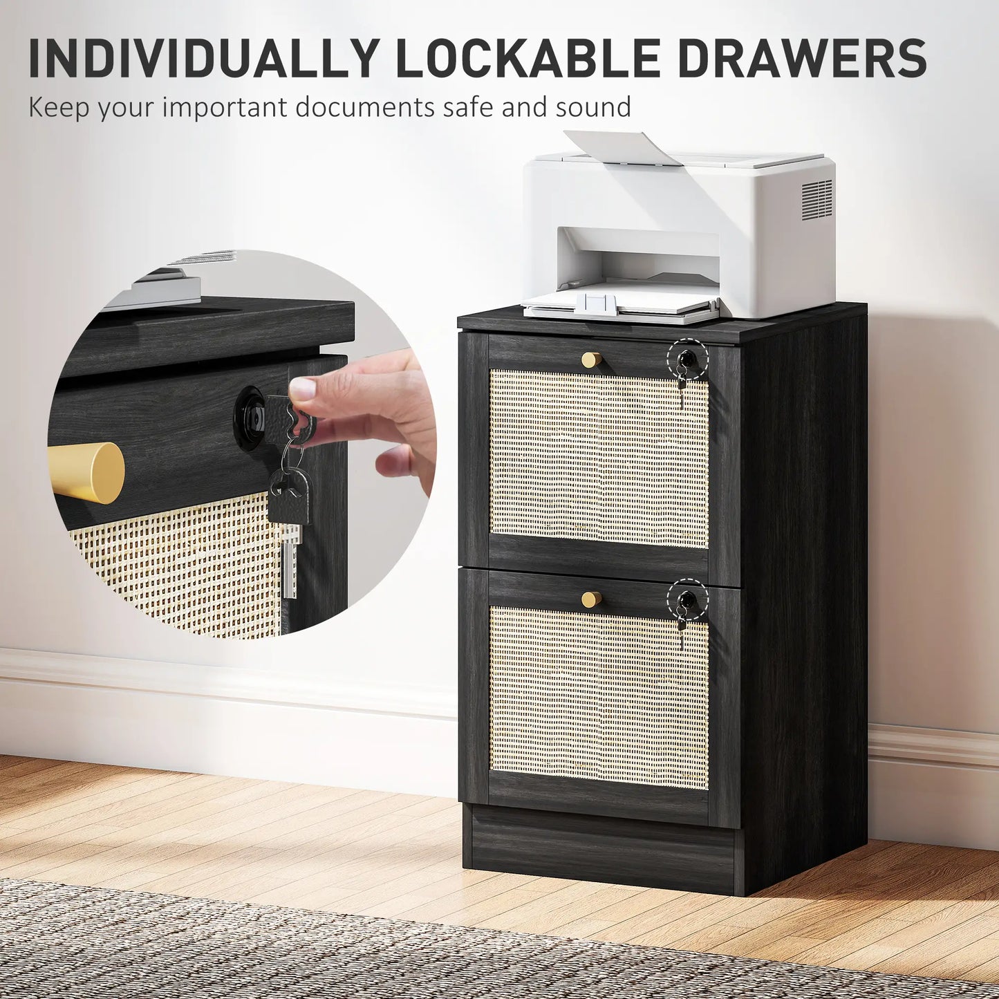 2 Drawer Filing Cabinet with Lock, Boho Style, A4 Letter Size, Black Office Cabinets & Cupboards at Gallery Canada