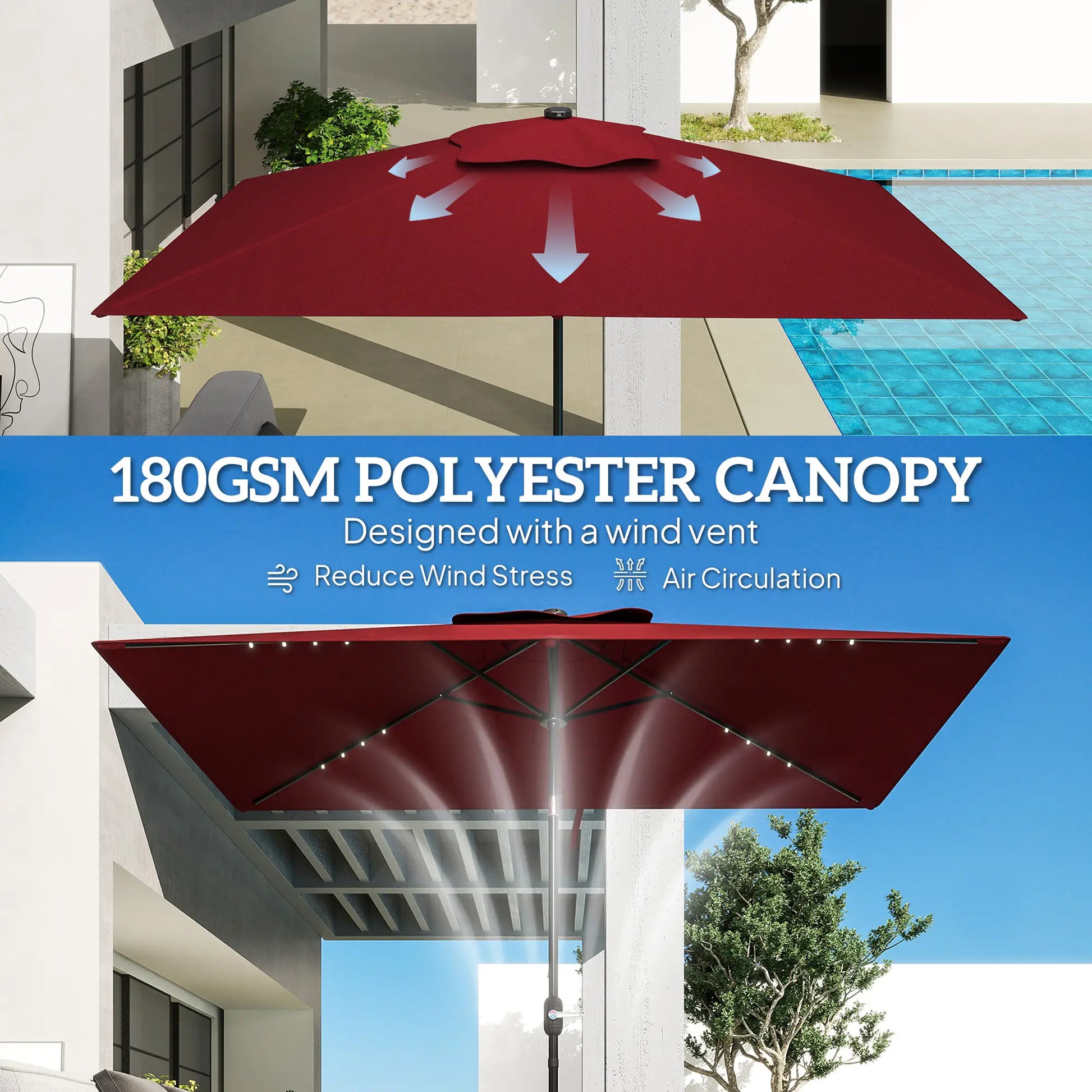 6' x 10' Rectangular Patio Umbrella, 22 LED Solar Lights, Tilt, Crank, Wine Red Sun Umbrellas at Gallery Canada