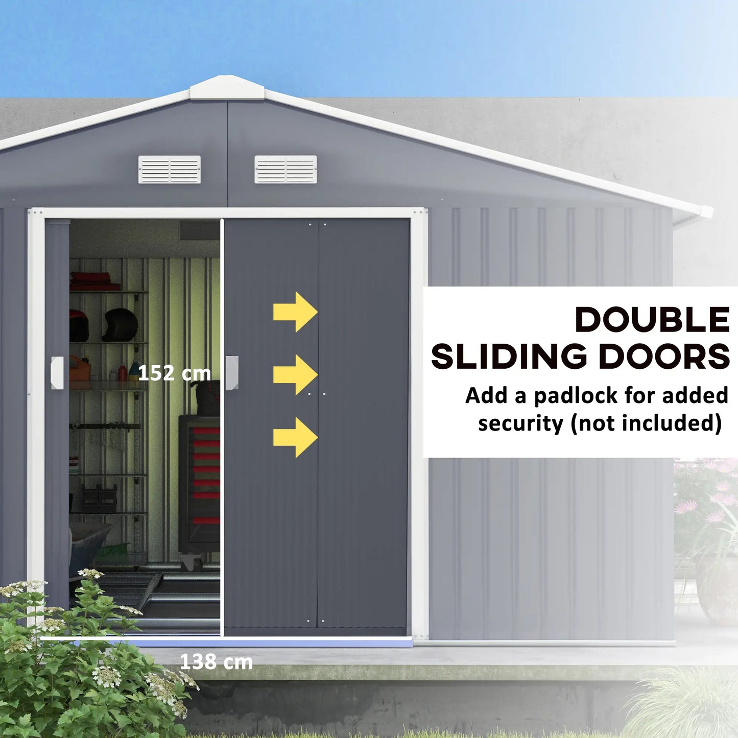 11.2ft x 12.5ft Garden Storage Shed, 4 Vent Slots, Double Sliding Door, Grey Sheds at Gallery Canada