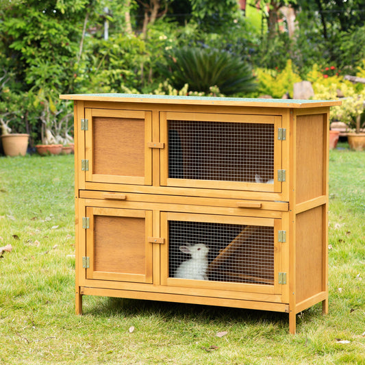 Solid Wood Rabbit/Bunny Hutch with 2 Large Main Rooms, Protection from UV Rays and Water, and Firm Cage, Yellow - Gallery Canada