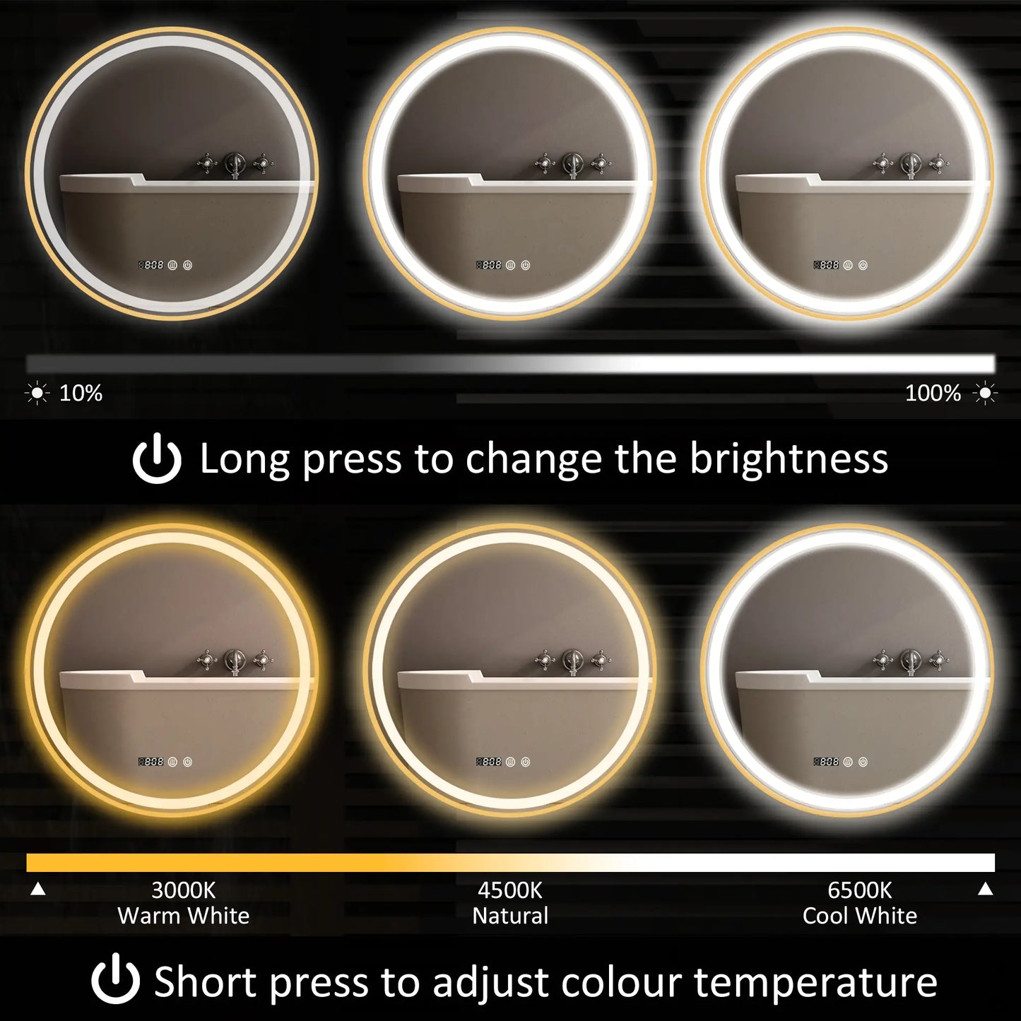 24" Round LED Bathroom Mirror, Anti-Fog, Time Temp Display, Gold Wall Mirrors at Gallery Canada