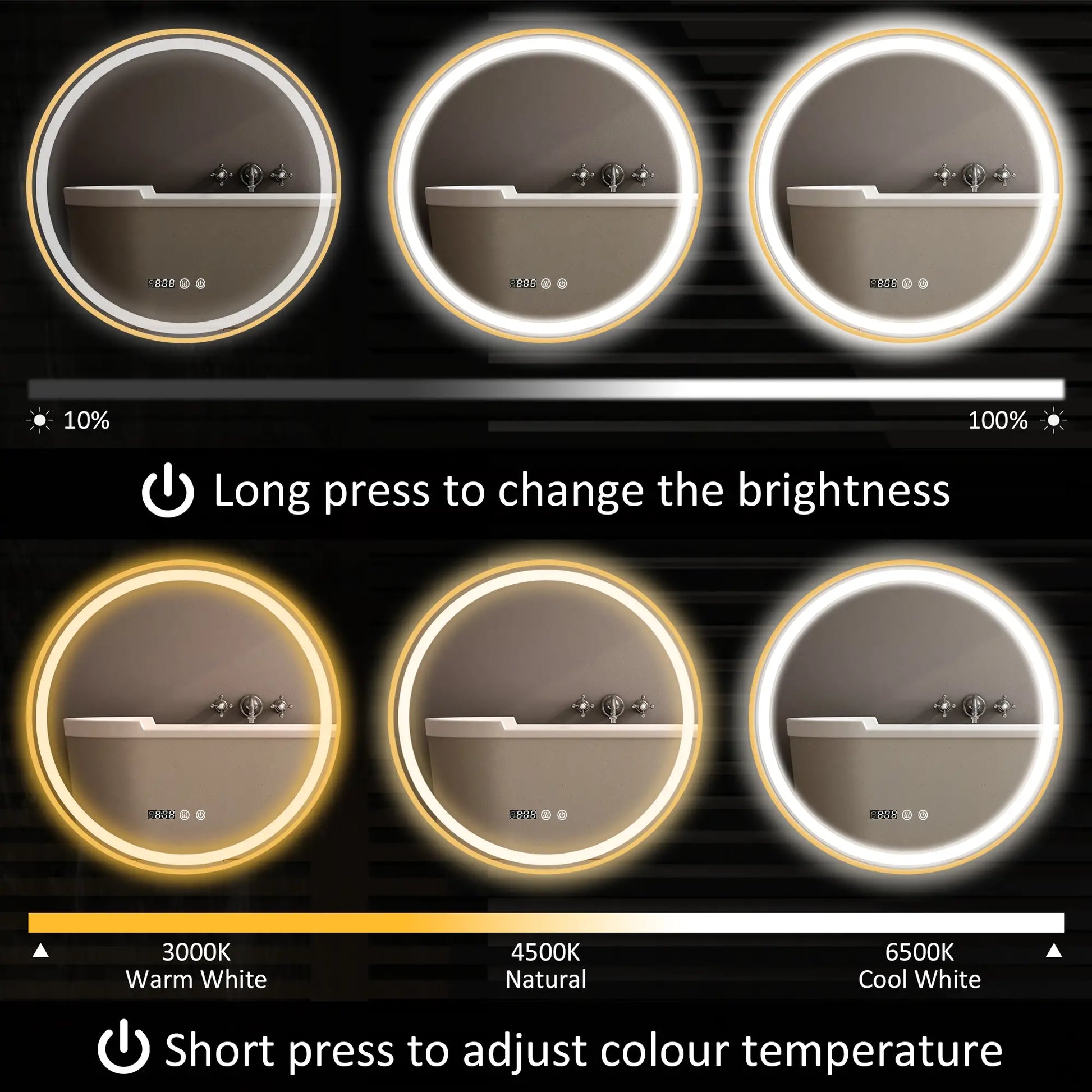 24" Round LED Bathroom Mirror, Anti-Fog, Time Temp Display, Gold Wall Mirrors at Gallery Canada