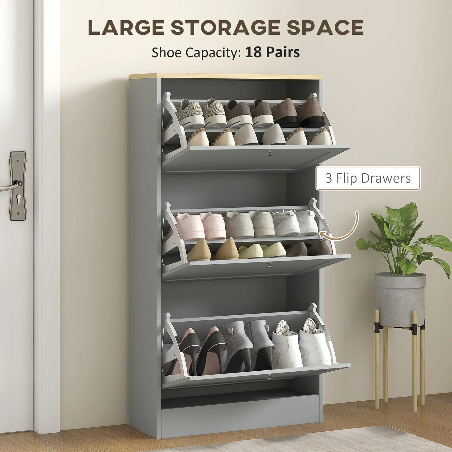 Modern Shoe Storage, 3 Flip Drawers, Adjustable Shelves, 18 Pairs, Grey Shoe Storage Cabinets & Racks at Gallery Canada