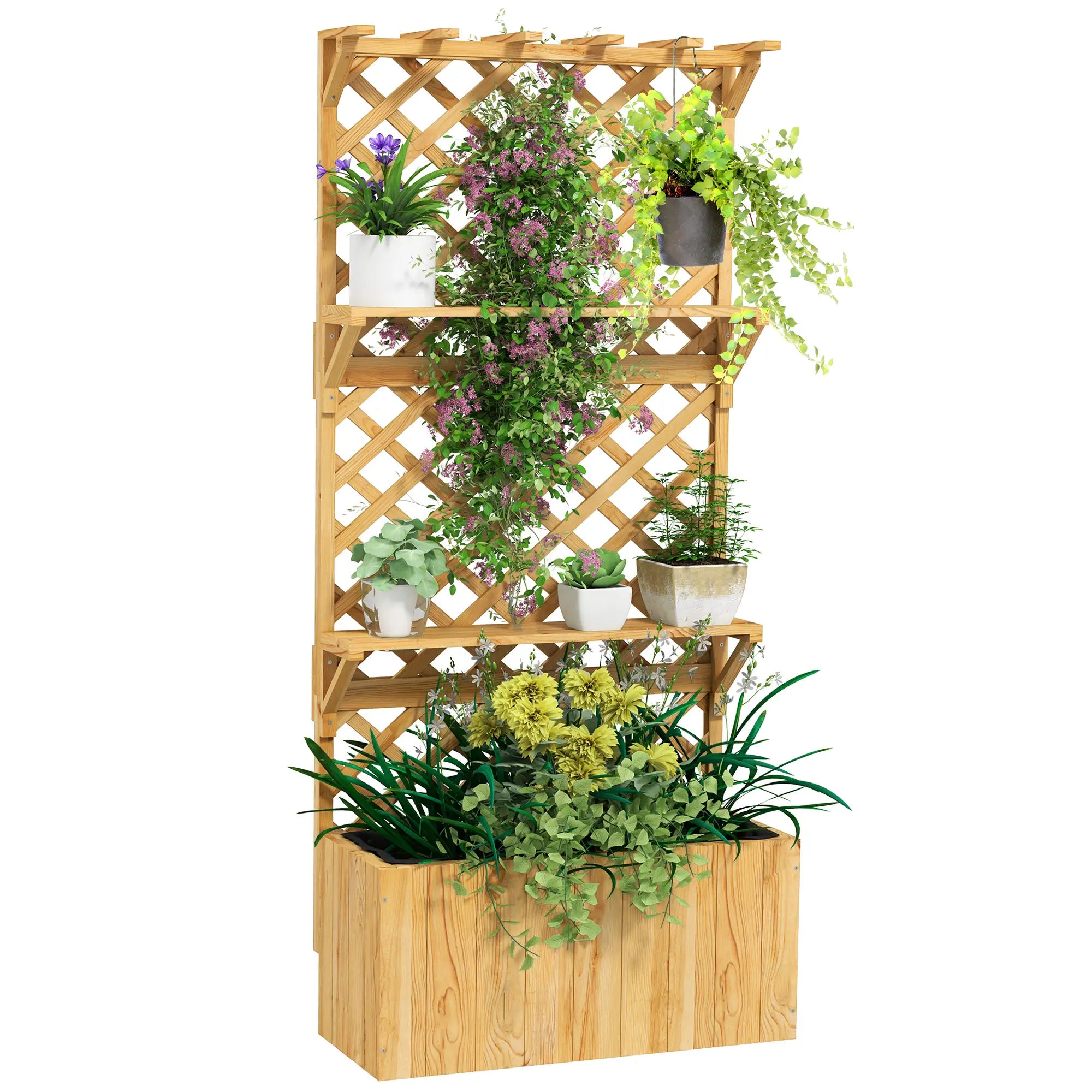 Wooden Raised Garden Bed With Trellis, Hanging Roof, Plant Shelf Wooden Planter Boxes at Gallery Canada