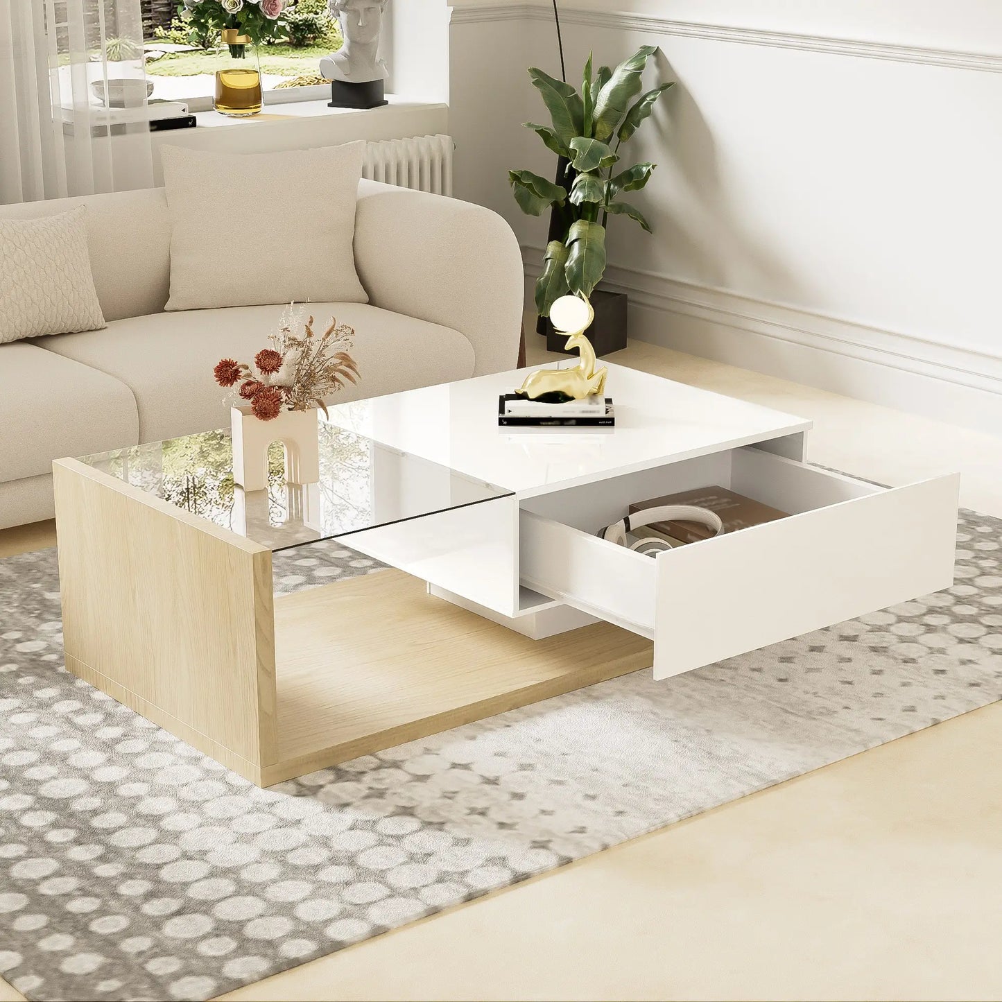 Modern Coffee Table, Glass LED Effect, Storage, 41.5" L x 21.5" W x 12.5" H, White+Wood, White, Wood Coffee Tables at Gallery Canada