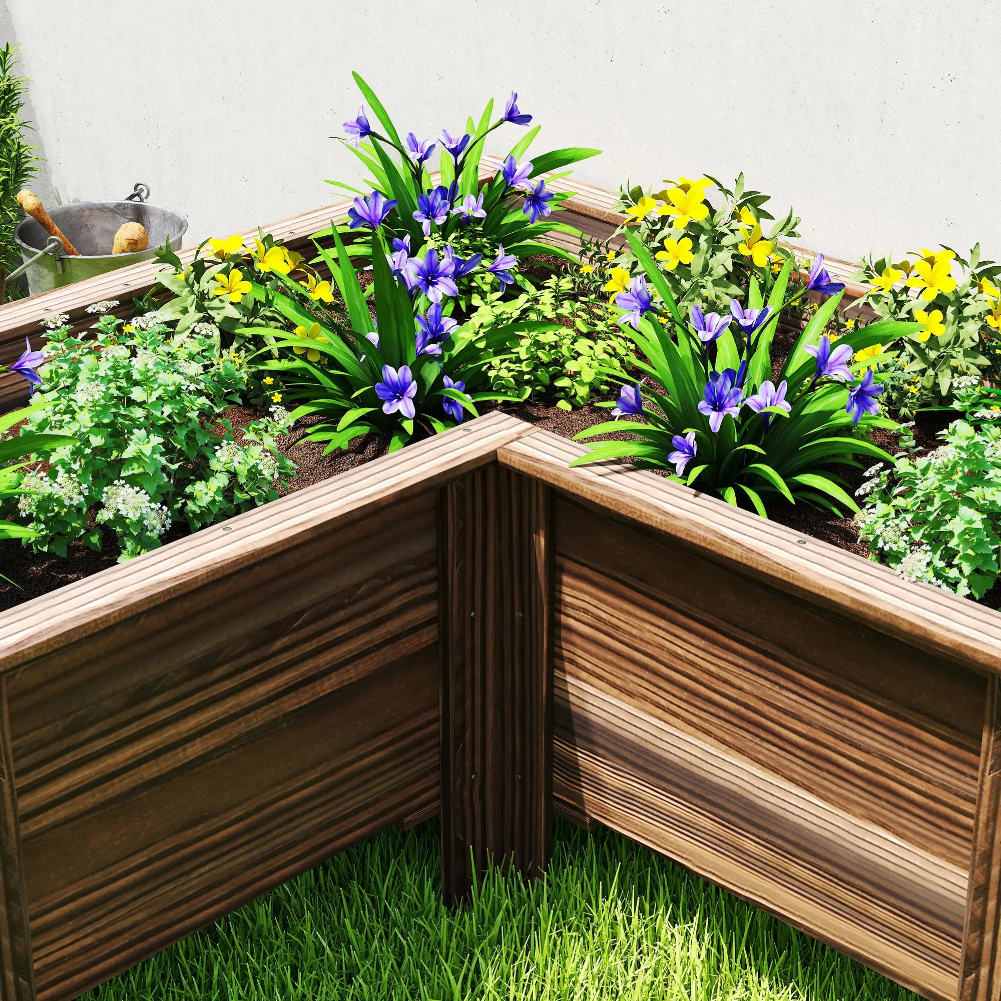 Wooden Raised Garden Bed, L-Shaped, Carbonized, With Legs Wooden Planter Boxes at Gallery Canada