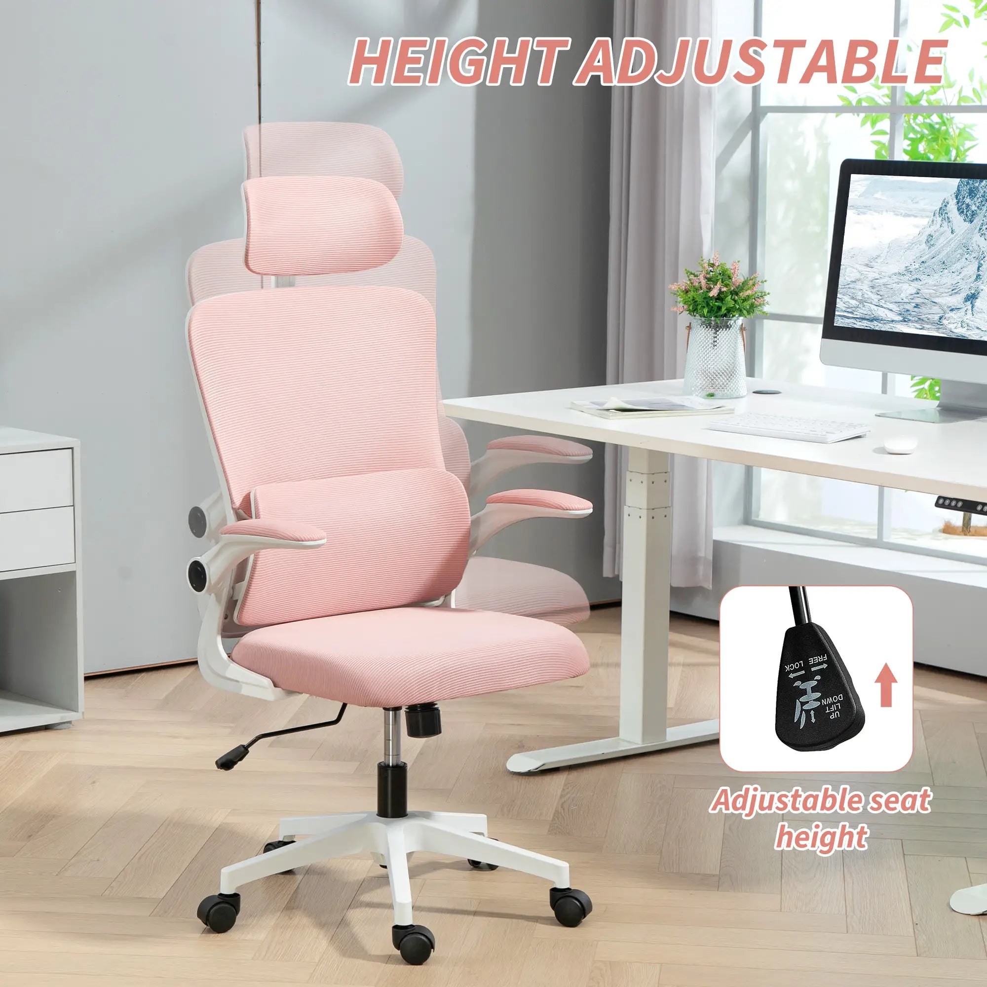 Mesh Office Chair, High Back with Headrest, Lumbar Support, Adjustable Height, Pink Executive & Manager Chairs at Gallery Canada
